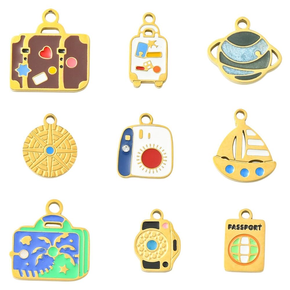 9442 9 pcs 9 Styles Travel Theme Enamel Charms Camera Passport Planet